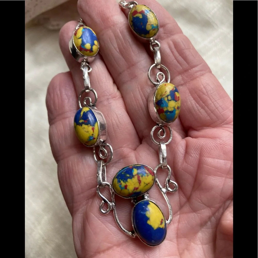 NEW Mosaic Jasper, 925 Silver Necklace - Picture 2 of 5